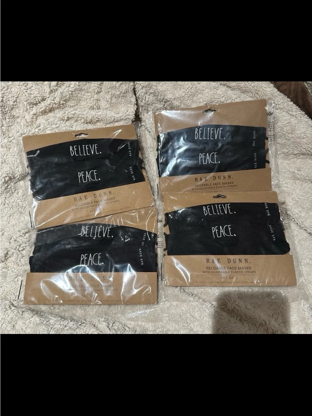 RAE DUNN 4 Packages Stitched Believe & Peace Reusable Fabric Black Masks NEW!